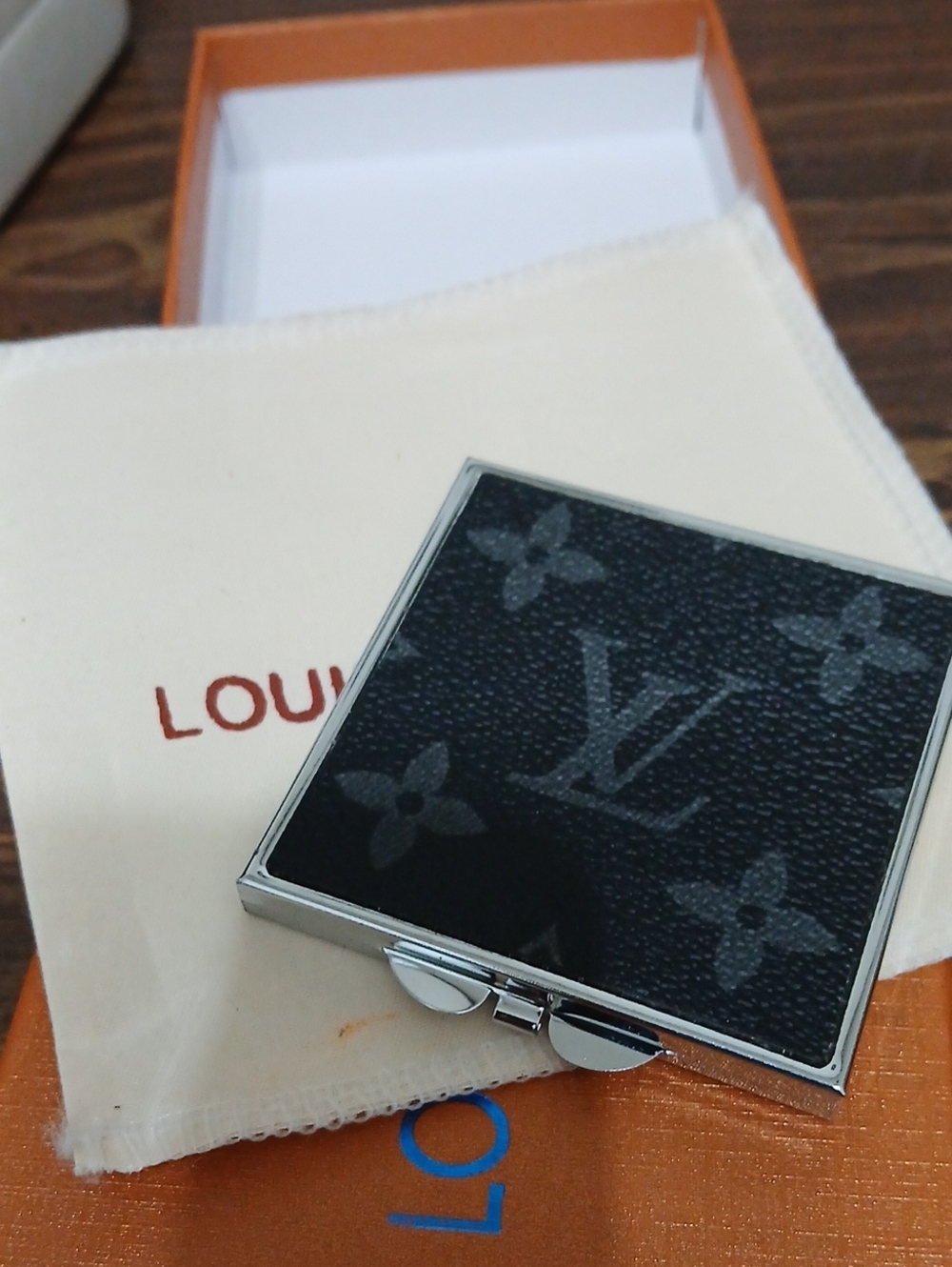 Fashion Mirror Black Monogram Compact Mirror with Silver Trim
